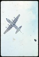 Underside of military plane in the air
