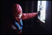Leslie Morginson-Eitzen petting cat sitting in window in Great Wall Station on King George Island
