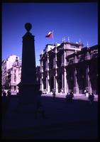 Close view of La Moneda Palace with Chilean flag 