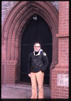 Jack Child at entrance to Christ Church Cathedral in Port Stanley