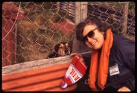 Leslie Morginson-Eitzen with local dog "Mick" on Carcass Island