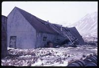 View of shed with collapsing roof at Stromness Bay
