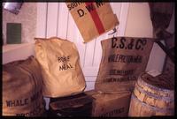 Bags of whaling meal and meat extract at Grytviken museum