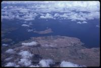 Aerial view of Lake Titicaca and nearby land