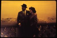 Photo of Pablo Neruda and wife, Matilde Urrutia on bridge