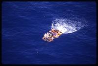 Aerial view of a raft floating in the ocean carrying Cuban refugees, as taken during a Brothers to the Rescue mission, Miami, Florida