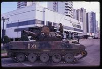 A Panamanian tank parked in downtown during the United States Invasion of Panama, Panama City, Panama