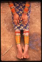 Close-up of a Kuna woman's clothing and decorative beaded leg wraps, Darien Gap, Panama