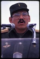 General Humberto Ortega, the Minister of Defense, speaking from a podium, Nicaragua