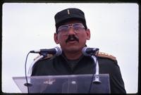 Minister of Defense, General Humberto Ortega, speaking at a podium, Nicaragua