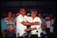 President-elect Violeta Chamorro hugging Vice President-elect Virgilio Godoy after their election victory, Nicaragua