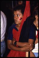 A boy holds a Sandinista flag at a rally, Nicaragua