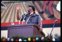 Daniel Ortega addresses the crowd at a Sandinista National Union of Farmers and Ranchers Rally, Managua, Nicaragua