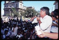 Edén Pastora speaking to a crowd of supporters on behalf of the Social Christian Party during the general election campaigns, Nicaragua