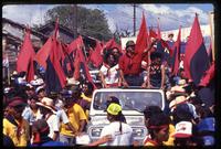 Daniel Ortega riding in a jeep and waving to his supporters during his re-election campaign, Cuidad Dario, Nicaragua