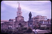 View of Torre del Reloj and statue in Cartagena