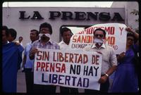 Members of the Social Christian Party protest the Sandinista's restriction of the press outside the La Prensa newspaper building, Managua, Nicaragua