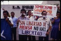 The Social Christian Party demonstrate against the Sandinista's suppression of the press outside the La Prensa newspaper building, Managua, Nicaragua