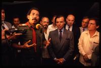 President Daniel Ortega speaking to the press with President of Argentina Carlos Menem after the Hemispheric Summit Meeting, San José, Costa Rica