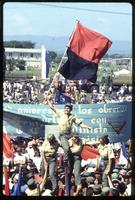 At a rally commemorating the fifth anniversary of the Nicaraguan Revolution and Sandinista control of the government, Managua, Nicaragua