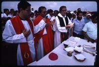 Bishop Bosco Vivas (center) speaks to a Nicaraguan crowd during a religious service, Managua, Nicaragua