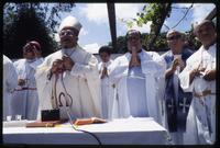 Archbishop Miguel Obando y Bravo (wearing a mitre) speaks during a religious service, Nicaragua