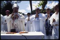 Archbishop Obando y Bravo (wearing a mitre) delivers a religious service, Nicaragua