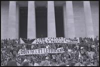 Alternate view of a crowd at the Lincoln Memorial protesting against Nixon's second inauguration hold banners promoting the United Farm Workers of America ("Farm Workers, Viva la Causa, Peace & Justice," "Boycott Lettuce"), 20 January 1973