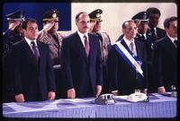 President Alfredo Cristiani stand alongside his Vice President José Francisco Merino López and former President José Napoleón Duarte at his swearing in, San Salvador, El Salvador