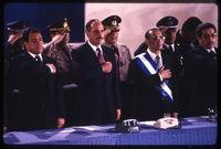 Vice President José Francisco Merino López stands next to President Alfredo Cristiani and former President José Napoleón Duarte at the inauguration, San Salvador, El Salvador