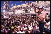 Nationalist Republican Alliance (ARENA) party founder Roberto D'Aubuisson speaking to a crowd of supporters at a campaign event, El Salvador