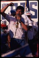 Nationalist Republican Alliance party members addresses a crowd of their supporters at a campaign rally, El Salvador