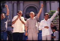 Convergencia Democrática party members including vice presidential candidate Reni Roldan, co-founder Ruben Zamora, and presidential candidate Guillermo Ungo at their campaign rally, El Salvador