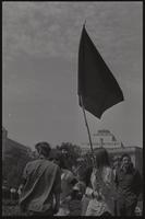 A woman hoists a flag near a group of people protesting the police brutality at the Democratic National Convention in Chicago, Lafayette Park, 31 August 1968