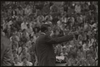 Former U.S. Representative Adam Clayton Powell gestures while he speaks to the crowd at an event at American University, 13 October 1968