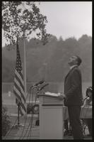 Former U.S. Representative Adam Clayton Powell looks up towards the sky during an event at American University, 13 October 1968