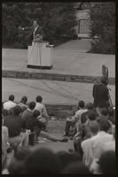 Former U.S. Representative Adam Clayton Powell is filmed as he speaks to a crowd of students in the Woods-Brown Amphitheater at American University, 13 October 1968