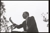 Close-up of former U.S. Representative Adam Clayton Powell gesturing and speaking at an event at American University, 13 October 1968