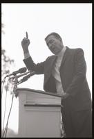 Former U.S. Representative Adam Clayton Powell pointing as he addresses an audience in the Woods-Brown Amphitheater at American University, 13 October 1968