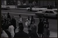Two people hold signs that say "Leave the sex side" and "Come back to God" at a demonstration supporting Cardinal O'Boyle's actions against dissenting priests, outside St. Matthew's Cathedral, Washington, D.C., 10 November 1968