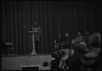 Dick Gregory addresses a crowd of students at American University, Washington, D.C., 16 February 1969