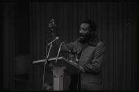 Dick Gregory gesticulates as he speaks to a crowd at American University, Washington, D.C., 16 February 1969