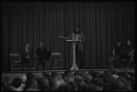 Dick Gregory speaks to a full crowd of American University students in the Leonard Center, Washington, D.C., 16 February 1969