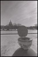 A toilet is displayed on the National Mall covered with protest jargon such as "Dump Carter here" and "The tractors are coming or bust!" during the American Agriculture Movement's second Tractorcade demonstration on the National Mall in Washington, D.C., 