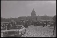 Farmers drive their tractors along Pennsylvania Avenue near the U.S. Capitol Building during the American Agriculture Movement's second Tractorcade demonstration in Washington, D.C., 28 February 1979