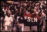 Sandinista National Liberation Front members marching in the street with sign