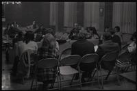 Students discuss the possibility of student parity on faculty committees during a New AU meeting at American University, Washington, D.C., 24 April 1969