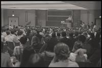Speakers from the New AU organization address a crowd of people regarding student parity on faculty committees at American University, Washington, D.C., 24 April 1969