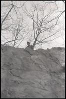 A man looks down from a rocky ledge, probably around Washington, D.C., undated