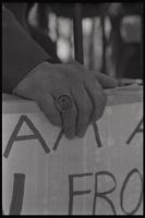 Close-up of a protester's Jewish Defense League ring at a demonstration condemning the Nixon Administration's failure to protect Soviet Jews, the Ellipse, Washington, D.C., 21 March 1971